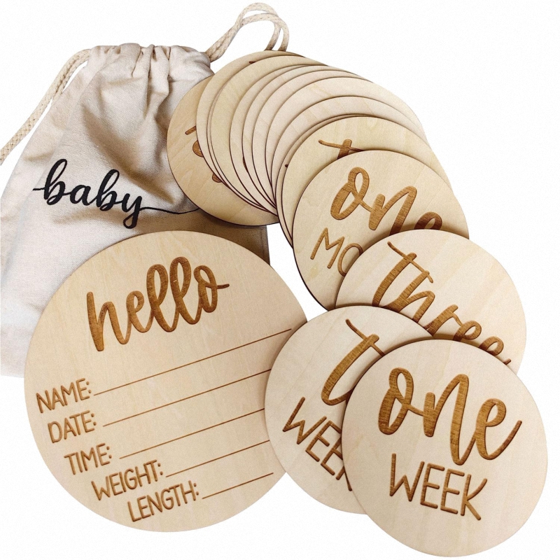 Wooden Milestone Cards and Discs 16pc Set for Baby Photos and First Year Milestones